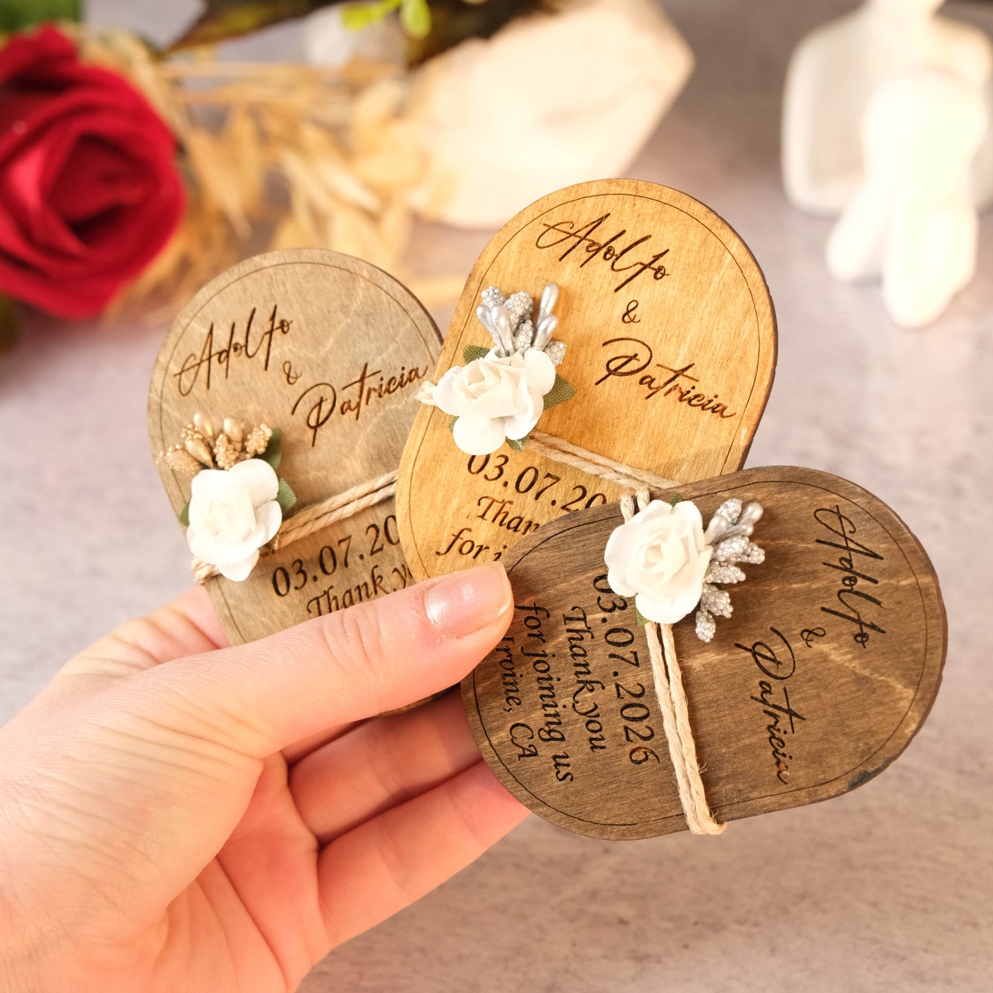 Oval Wooden Wedding Favors Magnet for Guests - Party Favors - Pack of 12-1000