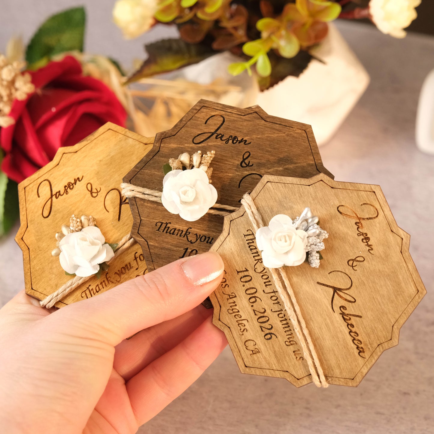 Hexagon Wooden Wedding Favors Magnet for Guests - Party Favors - Pack of 12-1000
